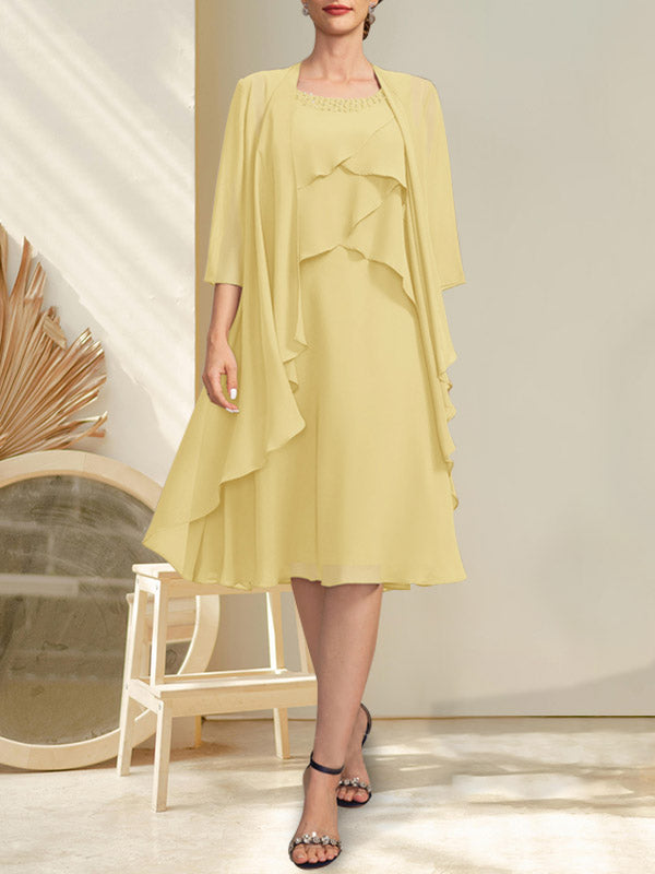 A-Linien-Chiffonkleid mit Rundhalsausschnitt und Perlenstickerei, knielang, für die Mutter der Braut