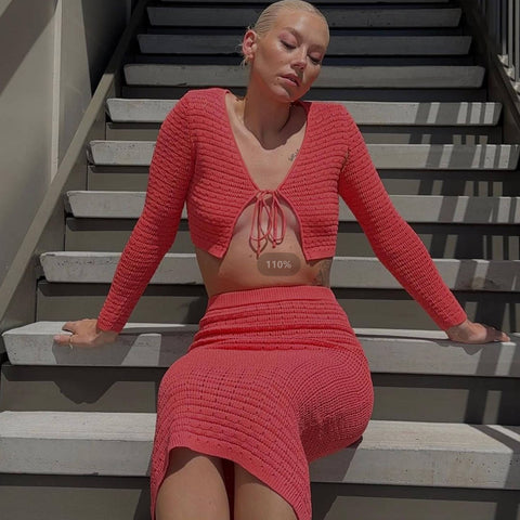 Cárdigan corto informal con aberturas y cordones para mujer, de punto, con falda sexy 