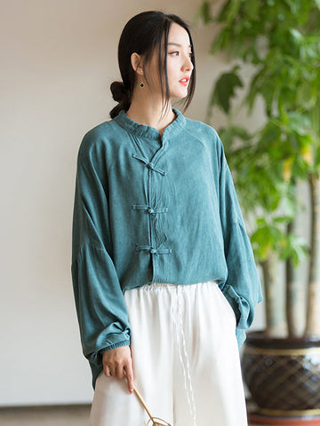 Blusas y camisas artísticas retro sueltas de manga larga con botones, color sólido y cuello alto 