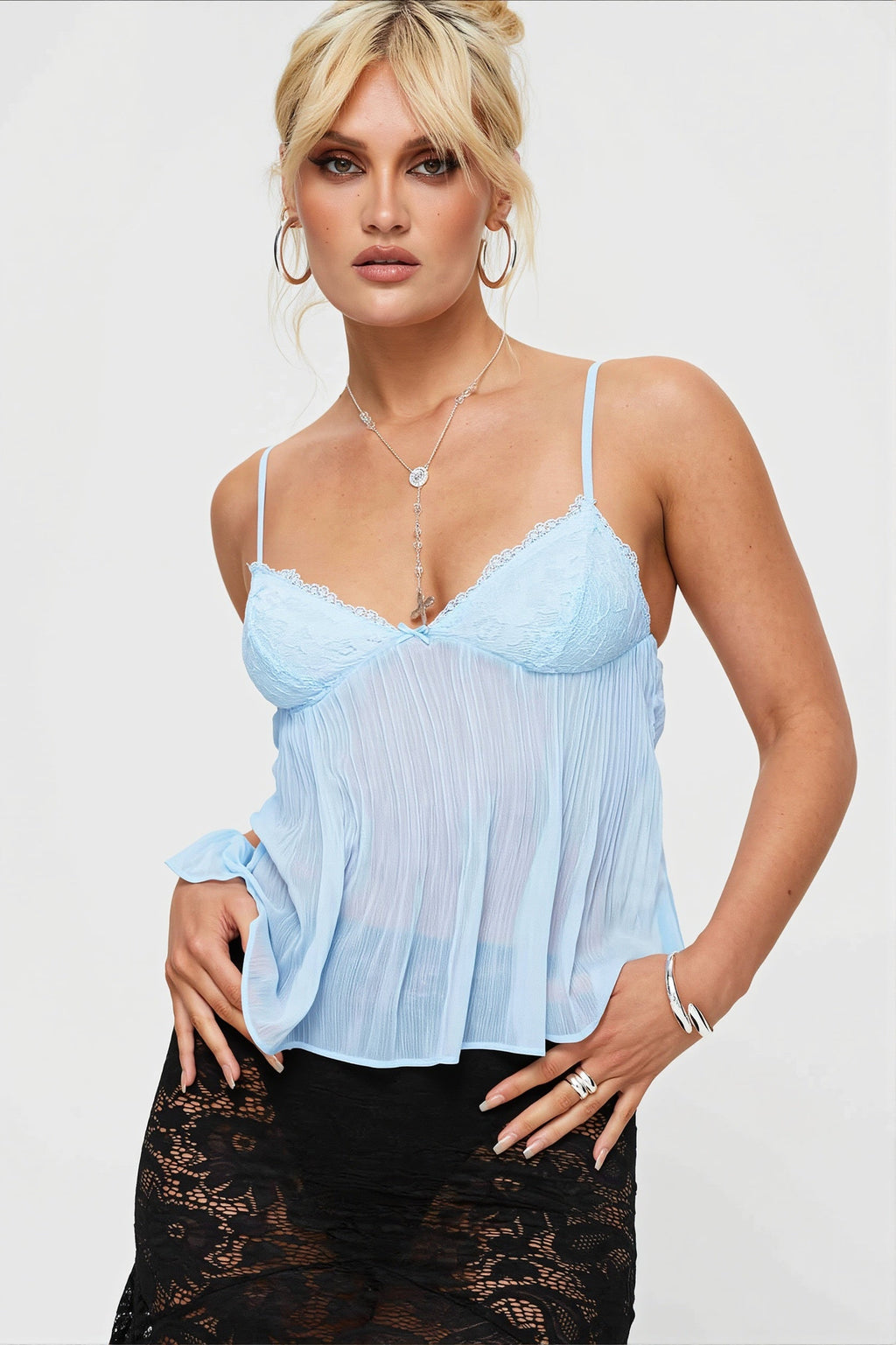 Ruched Sheer Lace Open Back Fitted Cami