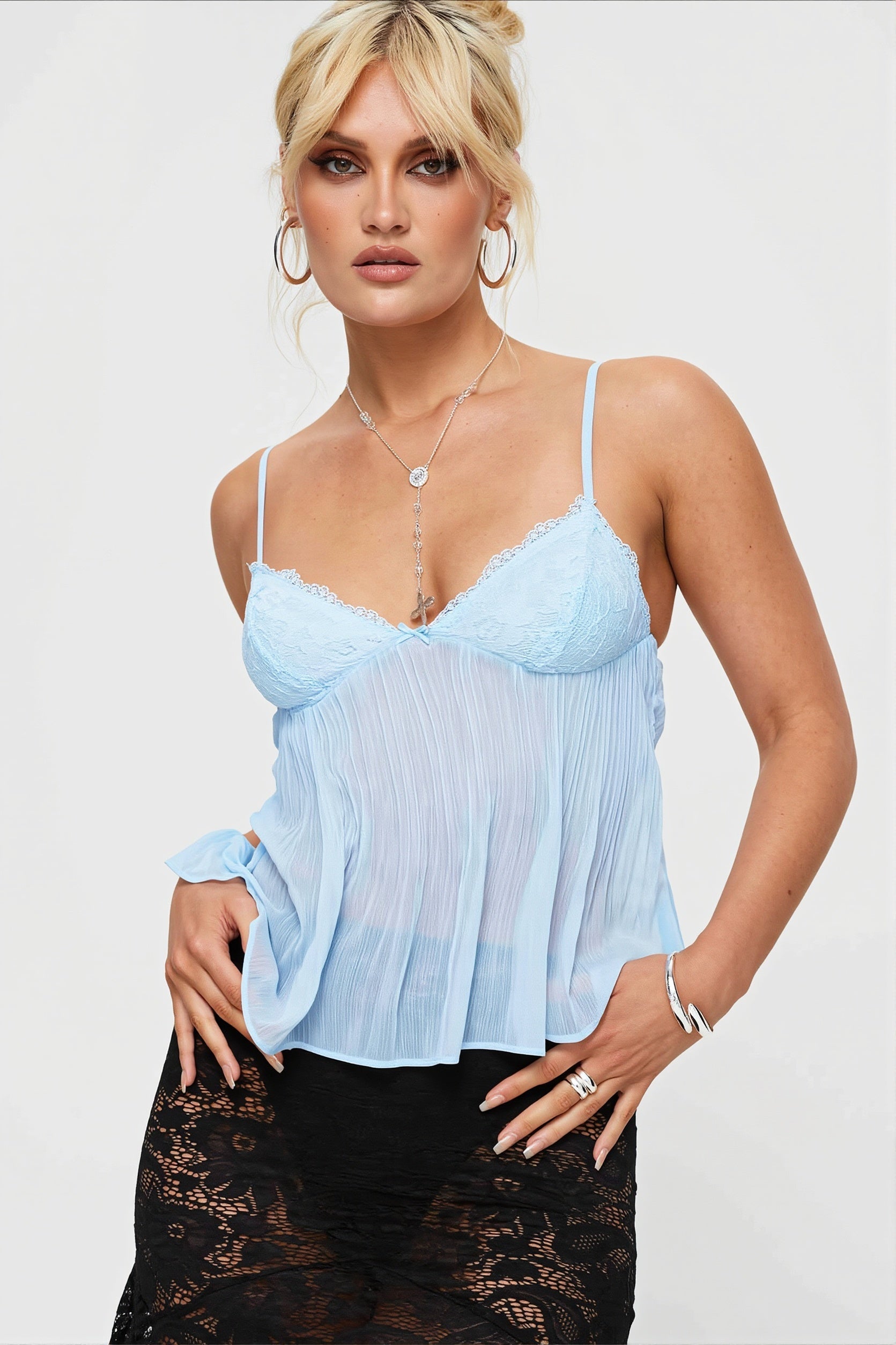 Ruched Sheer Lace Open Back Fitted Cami