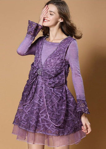Estilo Morado Lazo Patchwork Tul Estampado Falso Dos Piezas Vestidos de Media Pierna Primavera 