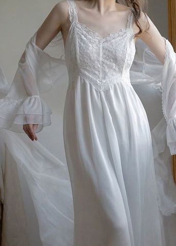 Neuartige weiße V-Ausschnitt bestickte Chiffon-Cardigans mit Blumenmuster und Slip-Kleid, zweiteiliges Set für den Sommer 