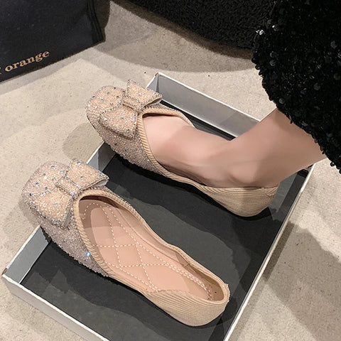 Pointed Toe Bling Bow Women Shoes 2024 Elegant Flats Shallow Sandals Autumn Designer Fad New Shoes Dress Party Chaussures Femme