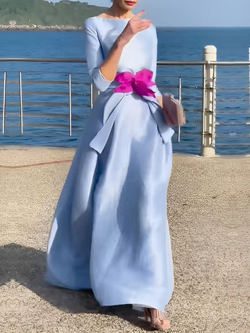 Three-Quarter Sleeves Solid Color Tied Waist Boat Neck Maxi Dresses