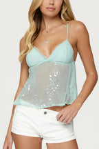 Sheer Lace Sequin Bow Cami Top
