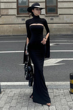 French High-End Solid Slim Asymmetric Long-Sleeve Maxi Dress