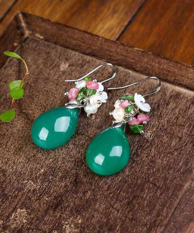 Pendientes colgantes de plata verde con incrustaciones de concha, flor de calcedonia y perla 