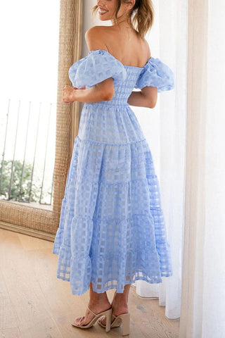 Vestido midi con mangas abullonadas y fruncido de tela con estampado cuadrado Dare To Dance 