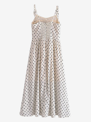 Vestido midi de verano blanco con tirantes y cuello plisado de lunares para playa 