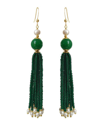 Pendientes colgantes de perlas de vidrio verde seco, hechos a mano, en oro de 14 quilates, color verde negruzco 