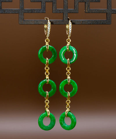 Vintage Grüne Sterling Silber Overgilt Jade Kreis Tropfen Ohrringe 