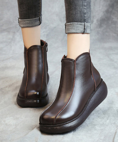 Retro-Stiefeletten aus braunem Rindsleder mit Spleiß-Plateau 