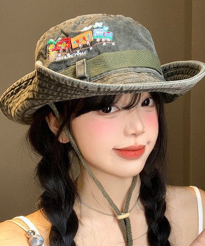 Nuevo sombrero de vaquero retro verde militar bordado con aleros grandes 