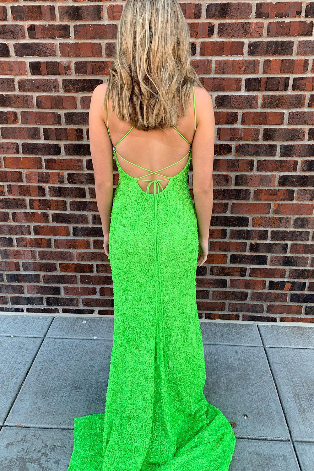Fluorescent  Sequins Long Prom Dress With Criss Cross Back
