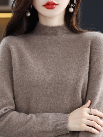 Casual Long Sleeves Solid Color Half Turtleneck Sweater Tops