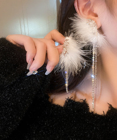 Pendientes colgantes con borlas y plumas de mariposa de circonita de aleación blanca a la moda 