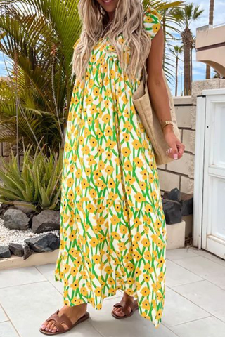 Vestido largo con cuello cuadrado y estampado 
