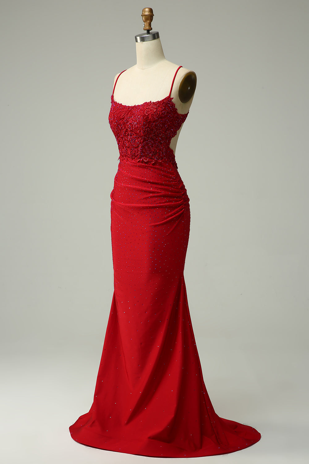Meerjungfrauen-Abendkleid mit Spaghettiträgern, königsblau, lang, mit Applikationen