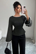 Solid Flare Sleeve Ruched Waist Blouse