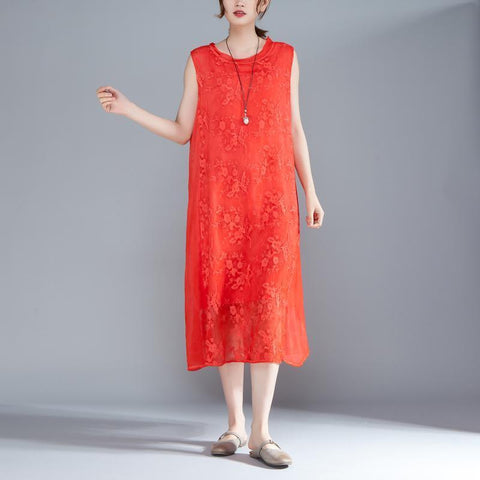 Women Embroidered Pullovers Sleeveless Red Dress