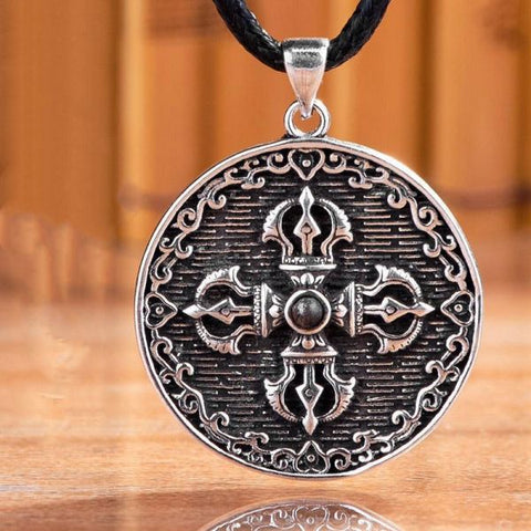 Sterling Silver Cross Vajra Pestle and Mortar Back Cloud Round Demon Surrender Pendant Necklace