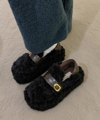 Zapatos planos cómodos y elegantes de piel afelpada color caqui con empalme esponjoso 
