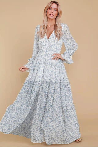 Floral Puff Sleeve V-Neck Ruffle Hem Maxi Dress