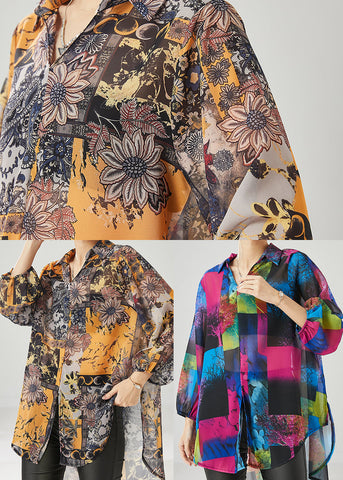 Französisch Lila Oversized Print Chiffon Shirt Tops Frühling 