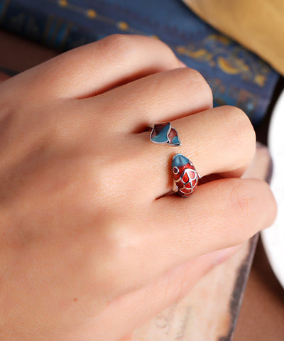 Anillos de carpa con brocado cloisonné en plata de ley con diseño abierto y bloques de color retro 