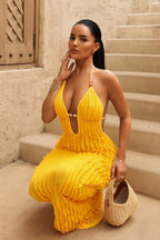 Elegant Jacquard Shutter Ruffle Backless Maxi Dress