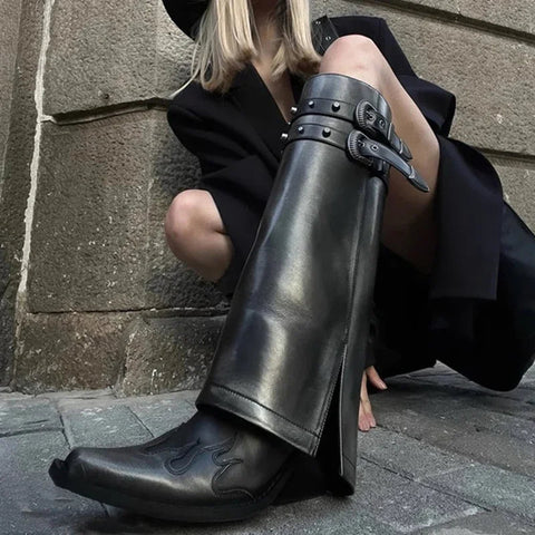 Herbst-Cowboystiefel für Damen, modisch, Schlupfstiefel, lange Rohrstiefel, quadratischer Absatz, Trend-Winterschuhe 
