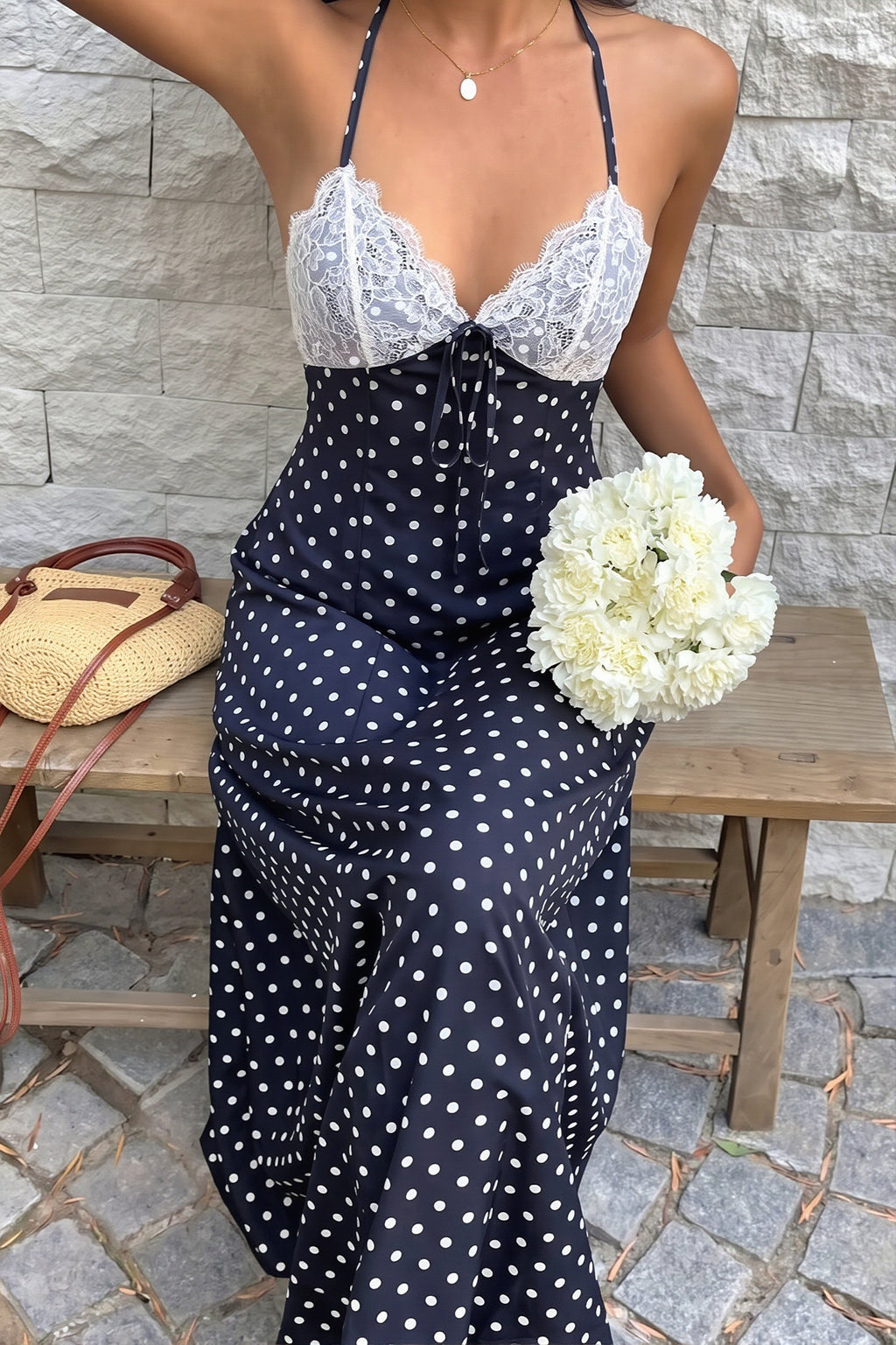 Elegant Polka Dot Halter Lace Spliced Back Tie Slimming Maxi Dress