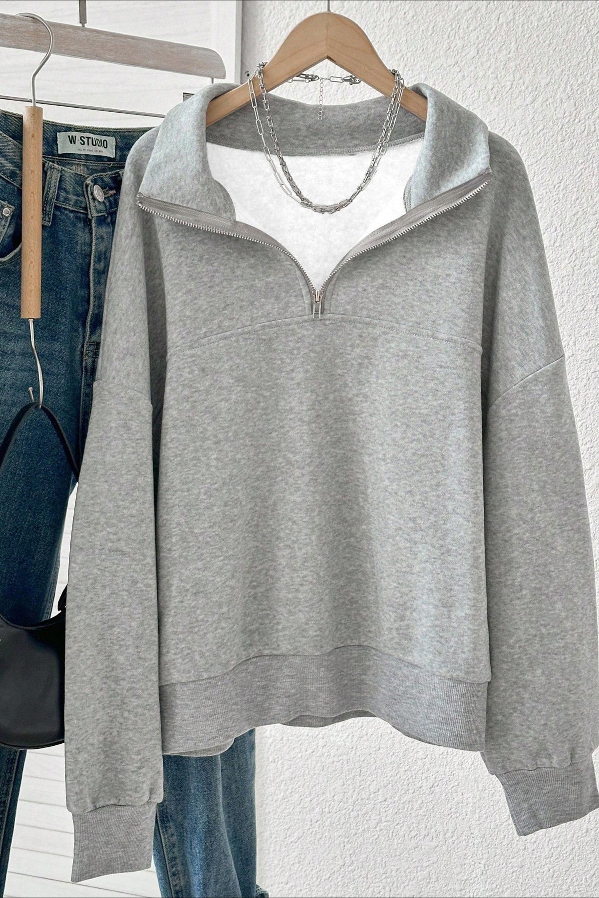 Solid Half Zip Loose V-Neck Sweatshirts