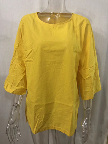 Leinen-T-Shirts mit Dreiviertelärmeln, einfarbig, geteiltem Schnitt und seitlichem Schlitz, Rundhalsausschnitt 