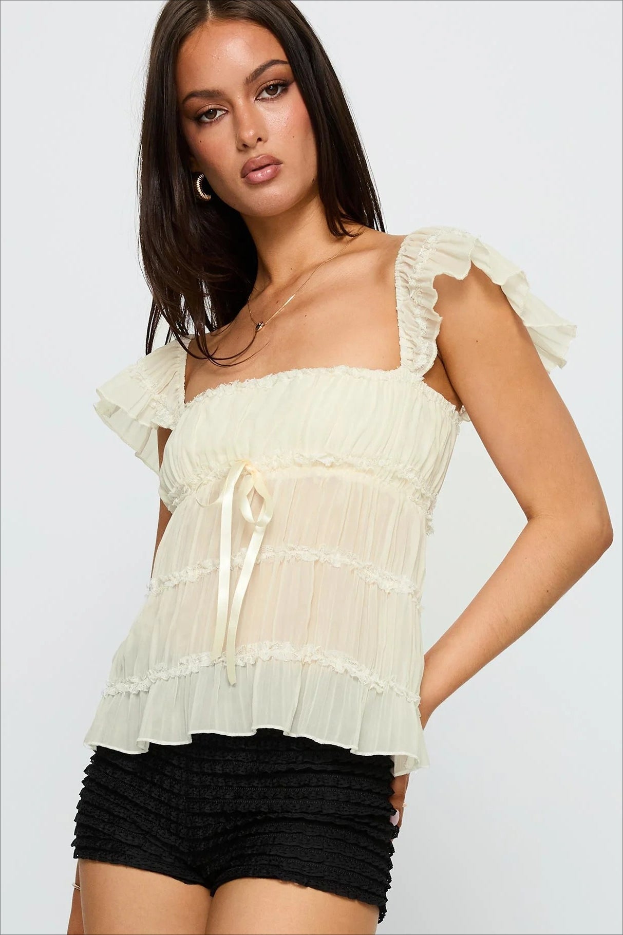 Sweet Lace Panel Ruffle Sleeve Cami Top