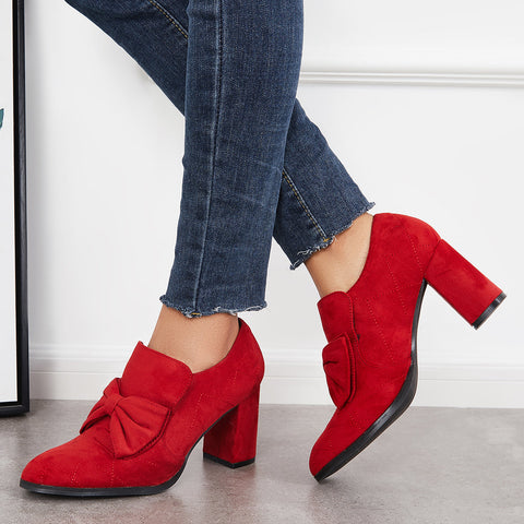 Zapatos de vestir sin cordones con tacón alto y grueso con punta puntiaguda y lazo 