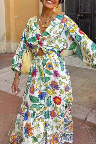 Vestidos sexis de corte A con escote en V fruncido y estampado floral 