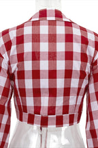 Short Plaid Tie Lapel Long Sleeve Blouse
