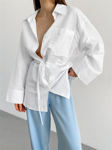 Camisas casuales blancas con cordones, prendas de vestir exteriores para mujer, cárdigan de manga larga con parches, blusa, abrigo, novedad de 2024 