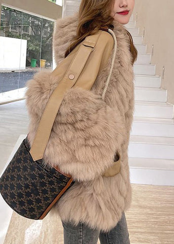 Französisch Khaki Kapuzentaschen Patchwork Leder und Pelz Mäntel Winter 