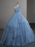 Ballkleid, schulterfrei, Tüll, blau, Rüschen, gestuft, langes Abendkleid