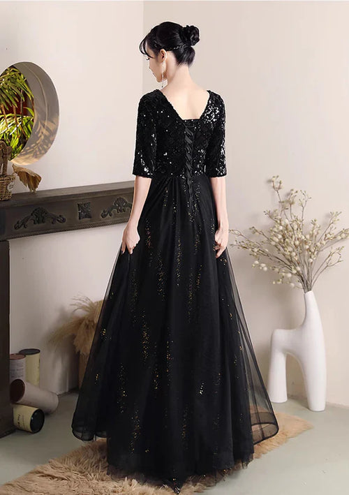 A-line V-Neck Sequins and Tulle Long Formal Dress Wedding Party Dress