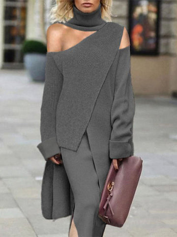 Conjunto de dos piezas de suéter y falda con hombros descubiertos y abertura frontal en color liso irregular 