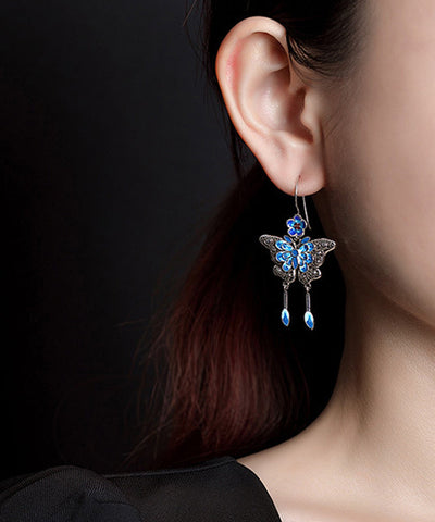 Vintage Boutique Blue Sterling Silver Butterfly Plum Blossom Tassel Drop Earrings