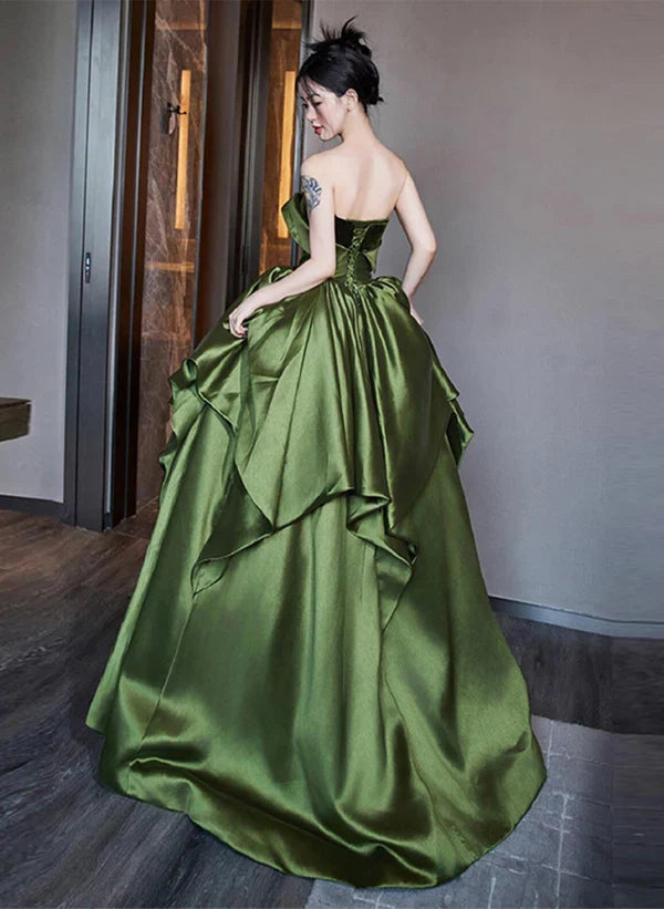 Satin-A-Linie Carmen-Ballkleid mit Rüschen und Stufen, bodenlang, Partykleid, Ballkleid
