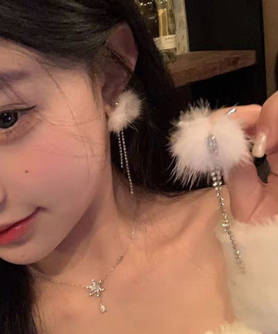 Elegant White Sterling Silver Alloy Fuzzy Ball Tassel Drop Earrings