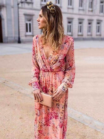 Vestidos largos de manga larga con cuello en V y estampado rosa 