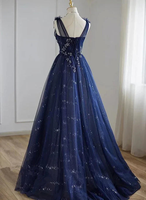 A-Line Princess Tulle Beaded V-neckline Party Dress Shiny Tulle Prom Dress