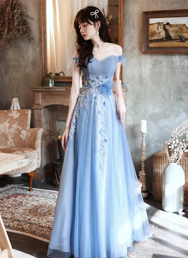 Vestido de noche largo azul con hombros descubiertos y encaje, corte A, vestido de fiesta largo